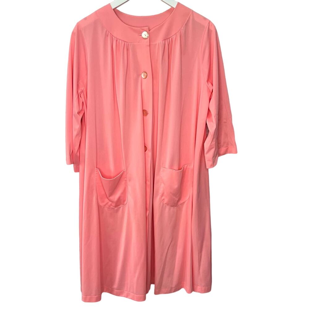 Vintage 60s Shadowline Dressing Robe Pink 3/4 Sleeve Size M Nylon Silky 39"